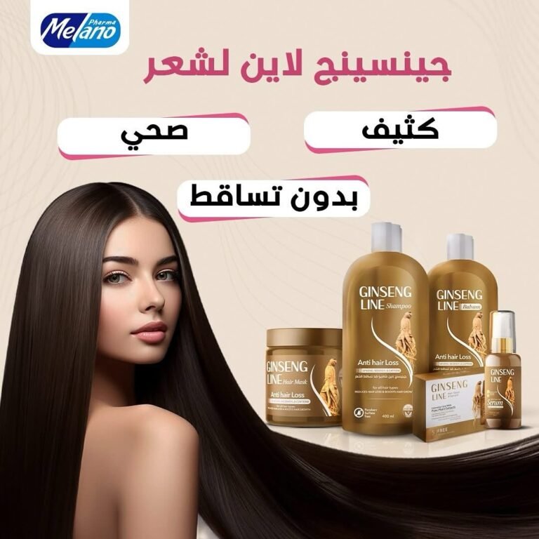 امرأة بشعر طويل مفرود إلى جانب عبوات Melano جينسينج لاين للشعر على خلفية فاتحة.