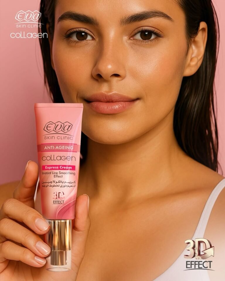 A woman holding an Eva Skin Clinic Collagen Express Cream tube against a pink background.