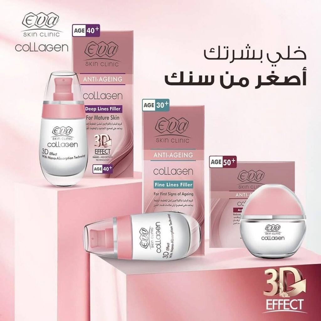 عبوات Eva Skin Clinic كولاجين مرتبة على منصات وردية مع إشارات الفئات العمرية 30+ و40+ و50+.