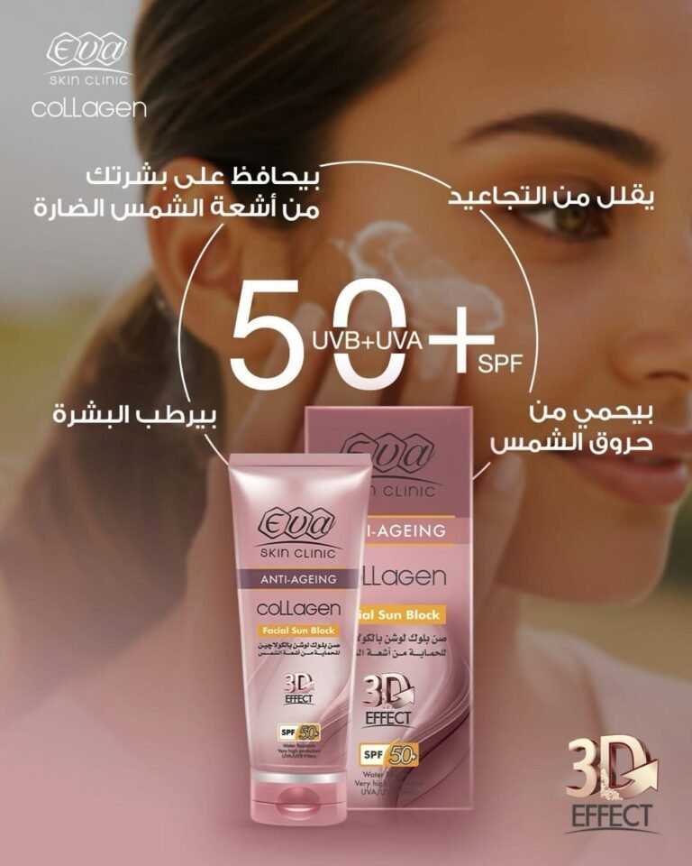 An Eva Skin Clinic Collagen Facial Sun Block SPF 50+ tube and carton, with a woman's face and Arabic text behind them.