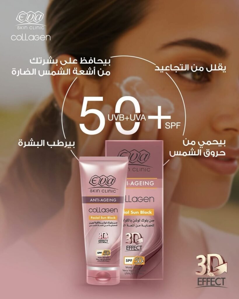 أنبوب وعلبة Eva Skin Clinic كولاجين واقي الشمس للوجه SPF 50+، وخلفهما وجه امرأة ونصوص عربية.