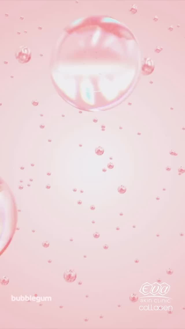 Translucent pink bubbles floating on a pink background, with the Eva Skin Clinic Collagen logo in the corner.