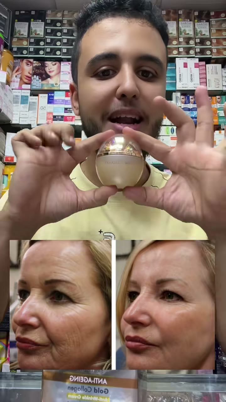 Frame from a TikTok video: The salesperson shows the gold jar of Eva Skin Clinic Gold Collagen cream and its box
