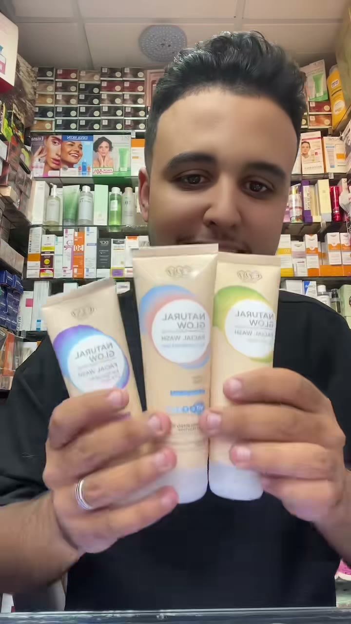 Frame from a TikTok video: The salesperson shows Eva Natural Glow Facial Wash for combination skin, then the three tubes in the line